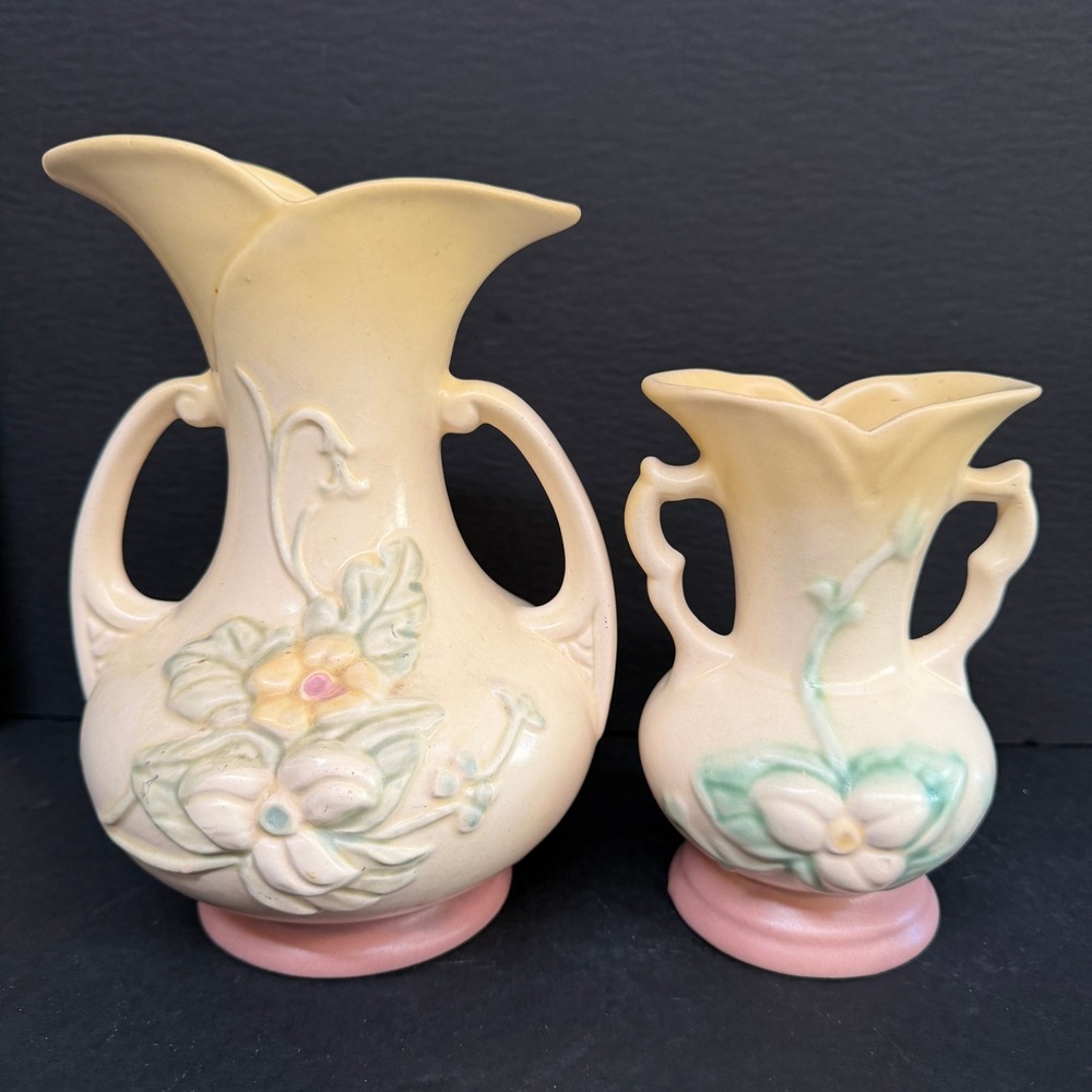 Vintage Hull Art Pottery Wildflower Vase Set of 2 Yellow Pink W8-7.5 W1-5.5 2pc